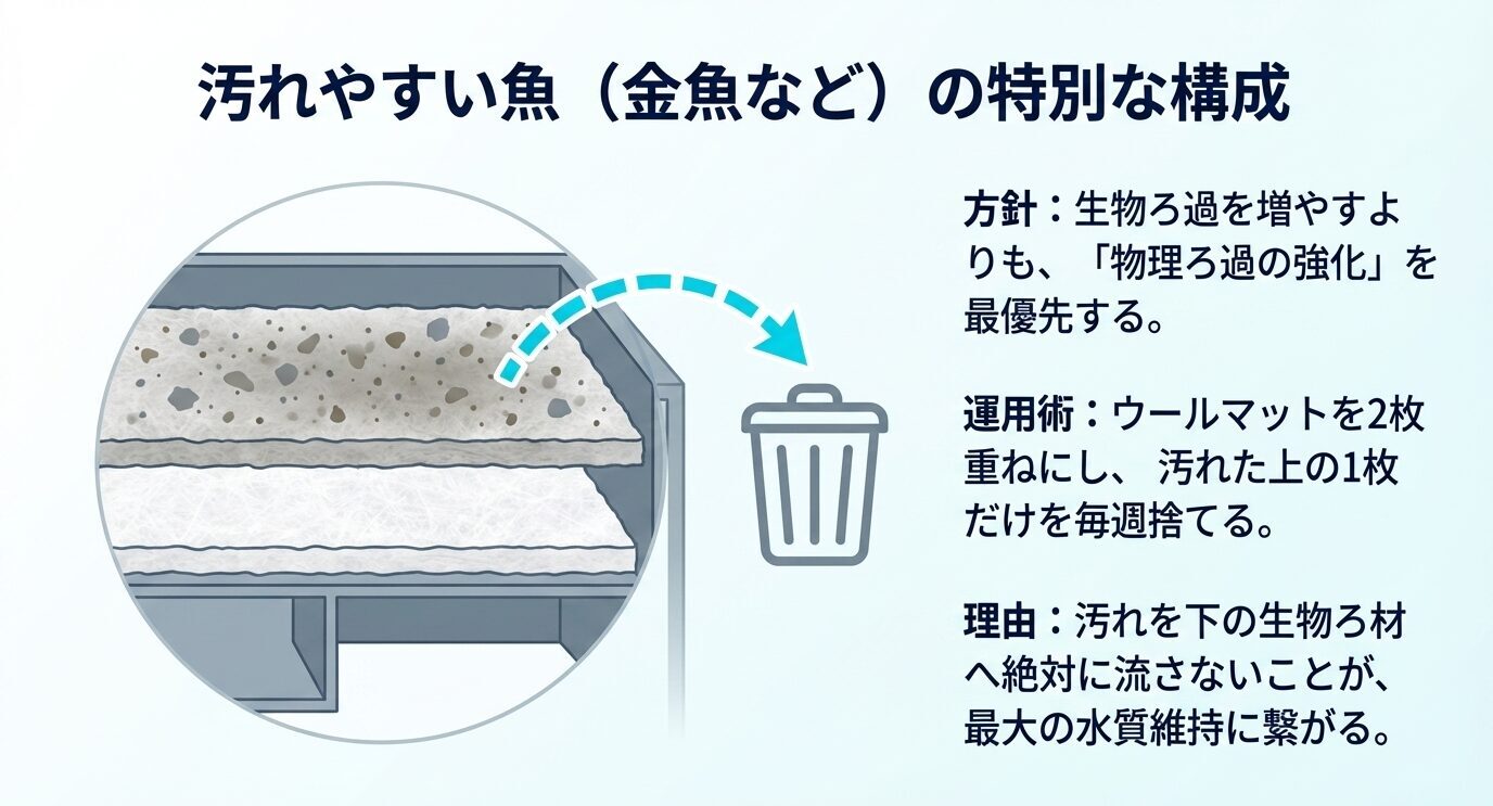 汚れやすい魚向けに、ウールマットを2枚重ねにして汚れた上段だけを定期交換する運用を示した図。物理ろ過強化を優先する考え方も説明している。