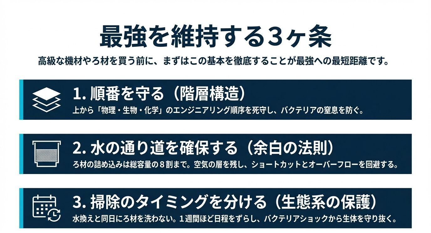 上部フィルターを最強運用するための3原則として、ろ材の順番、通水確保、掃除時期の分散をまとめた図