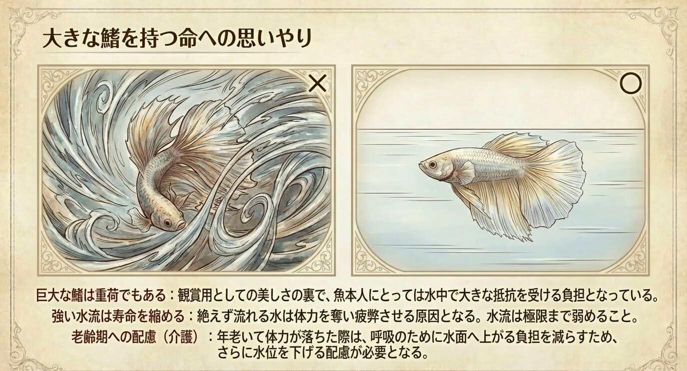 強い水流に流されるベタと、穏やかな水で泳ぐベタを対比し、大きな胸鰭を持つ個体には弱い水流と低水位の配慮が必要であることを示した図