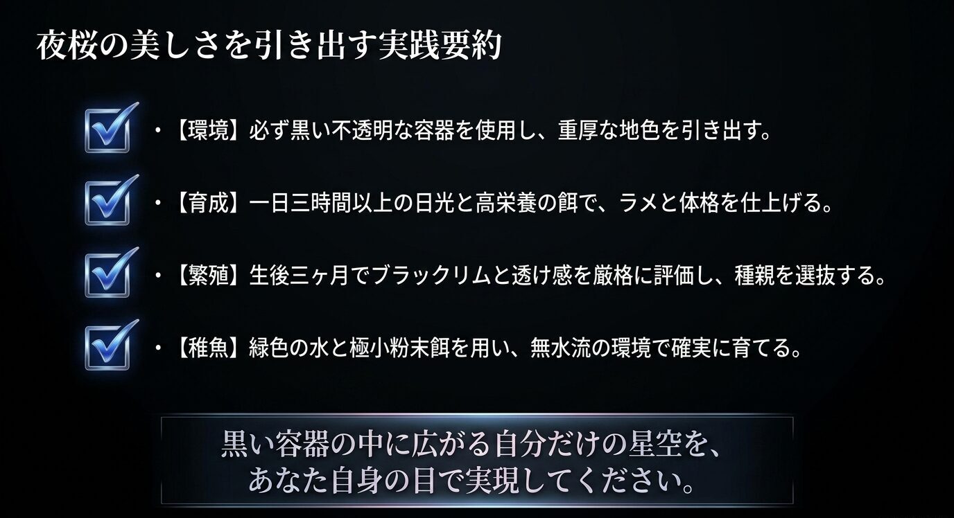 黒容器の使用、日光と高栄養の育成、種親選別、稚魚の無水流管理をチェックリスト形式でまとめた総括スライド。