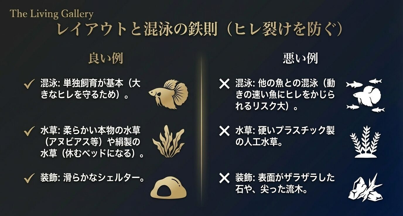 良い例として単独飼育・柔らかい水草・滑らかなシェルター、悪い例として他魚との混泳・硬い人工水草・尖った石や流木を並べた比較図