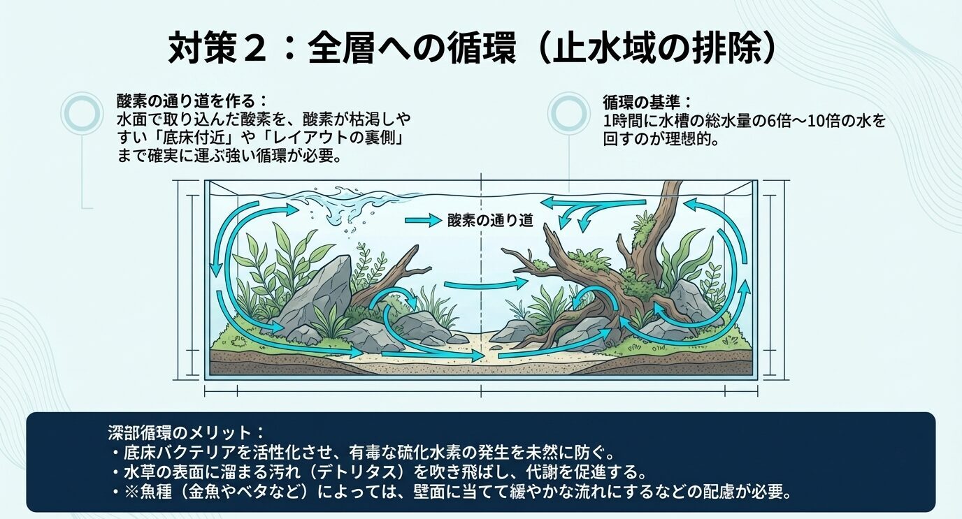 水面から底床やレイアウト裏まで酸素を運ぶ循環経路と、推奨される水流量を示した水槽断面図