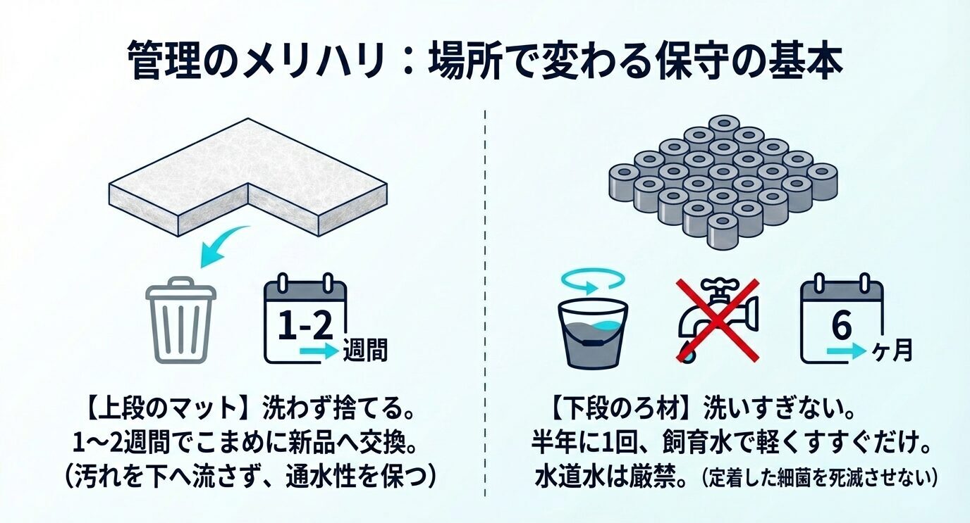 上段のウールマットは1〜2週間ごとに交換し、下段のろ材は半年に1回だけ飼育水で軽くすすぐという保守の基本をまとめた図。