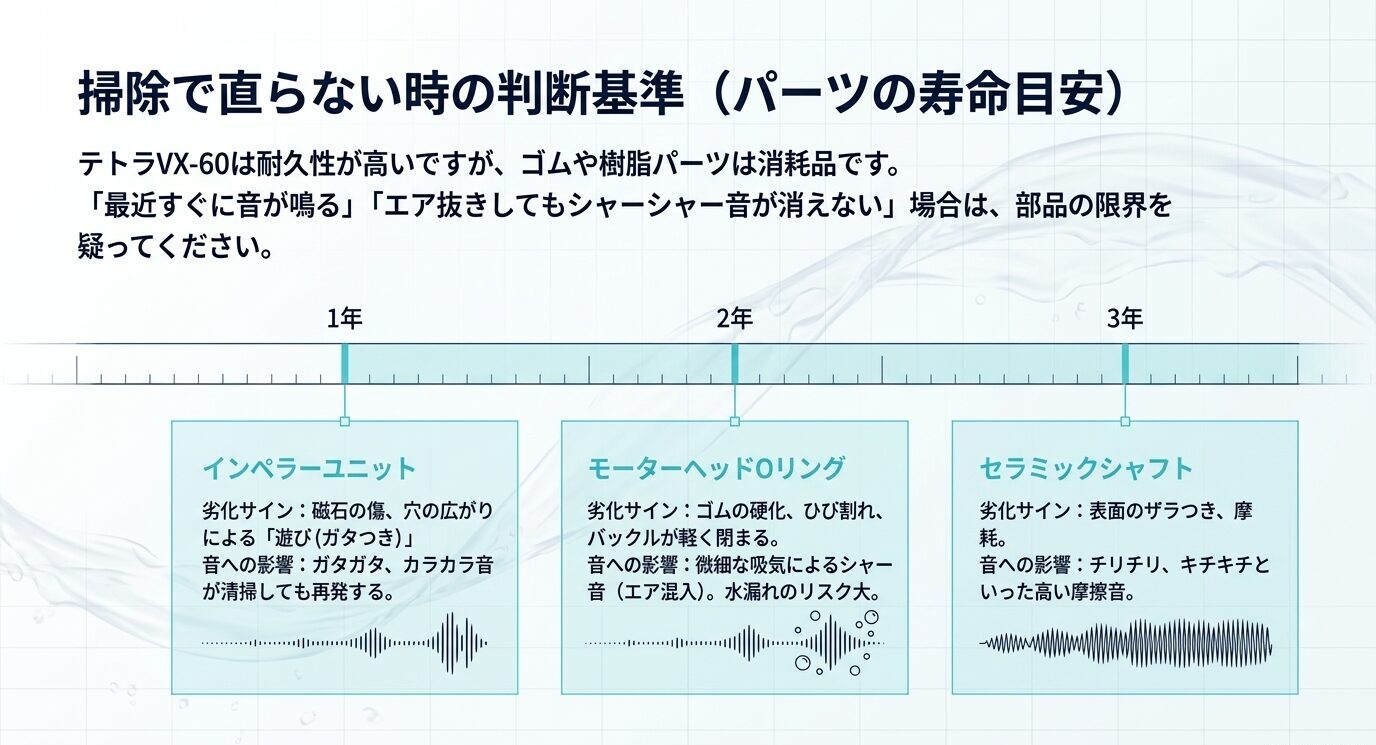 インペラーユニット、モーターヘッドOリング、セラミックシャフトの寿命目安と劣化サインを年数別に示した図。