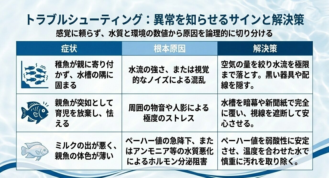 稚魚が親に寄り付かない、親が育児放棄する、ミルクの出が悪いといった症状について、原因と対策を一覧化した表。