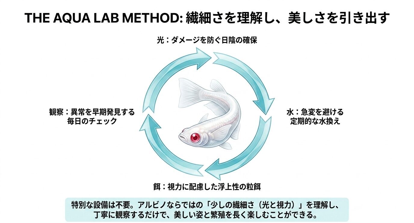 光によるダメージを防ぐ日陰、水の定期管理、視力に配慮した浮性の餌、毎日の観察を循環図で示したスライド