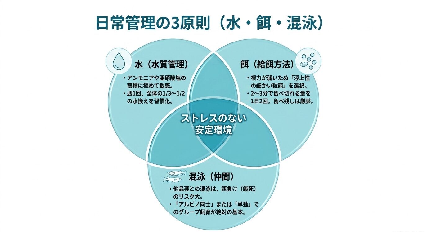 アルビノメダカの安定飼育に必要な水質管理、給餌方法、混泳管理の3原則を示した図