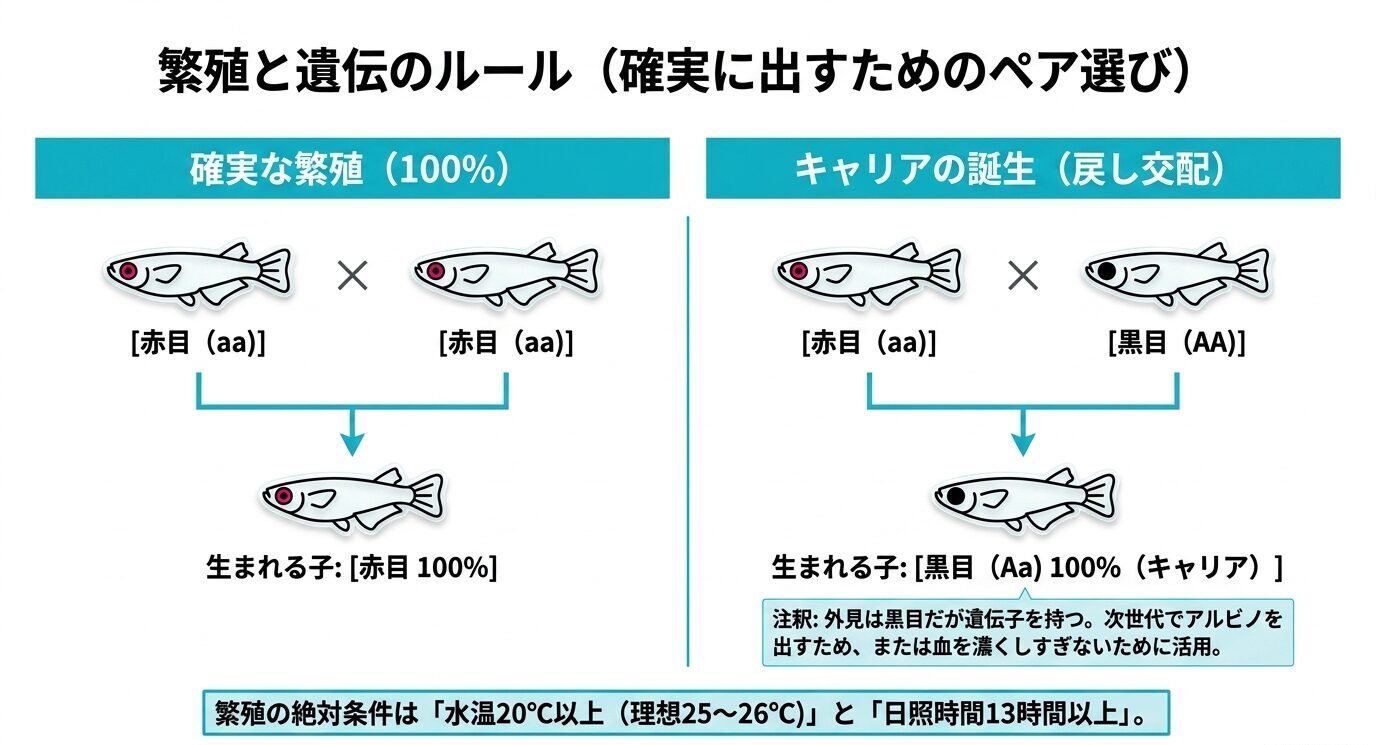 赤目同士の交配でアルビノが100%生まれる例と、赤目と黒目の交配でキャリアが生まれる例を示した図