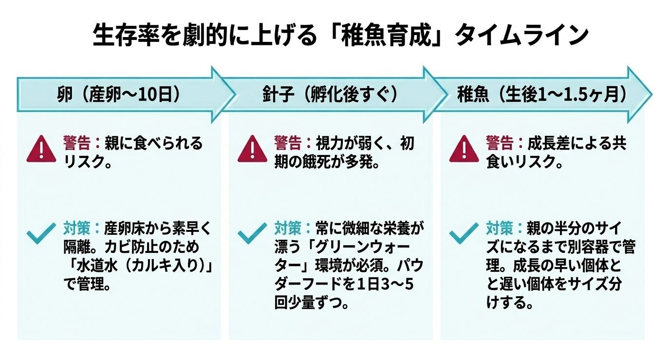 卵、針子、稚魚の各成長段階で起こりやすいリスクと、隔離・グリーンウォーター・サイズ分けなどの対策を示したタイムライン