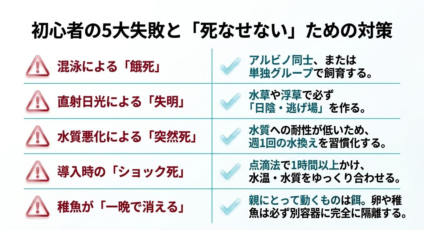 混泳による餓死、直射日光による失明、水質悪化、導入時のショック死、稚魚の捕食を防ぐ対策をまとめた図