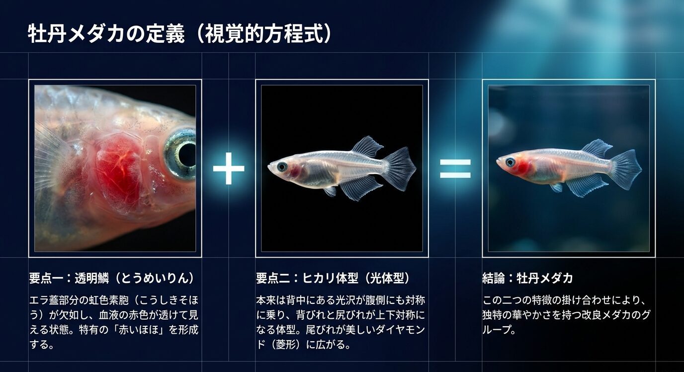 透明鱗とヒカリ体型の特徴を組み合わせて牡丹メダカになる流れを示した図解