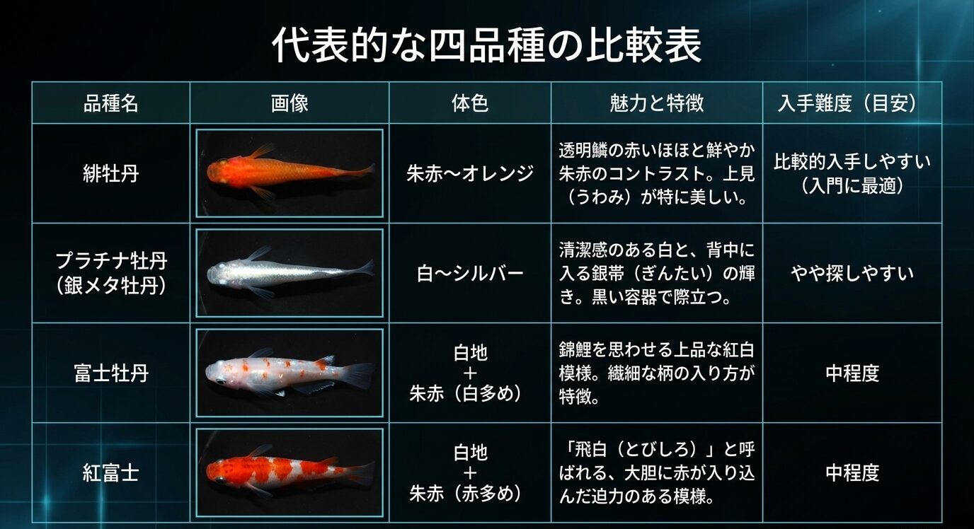 緋牡丹、プラチナ牡丹、富士牡丹、紅富士の体色・特徴・入手難度を比較した表