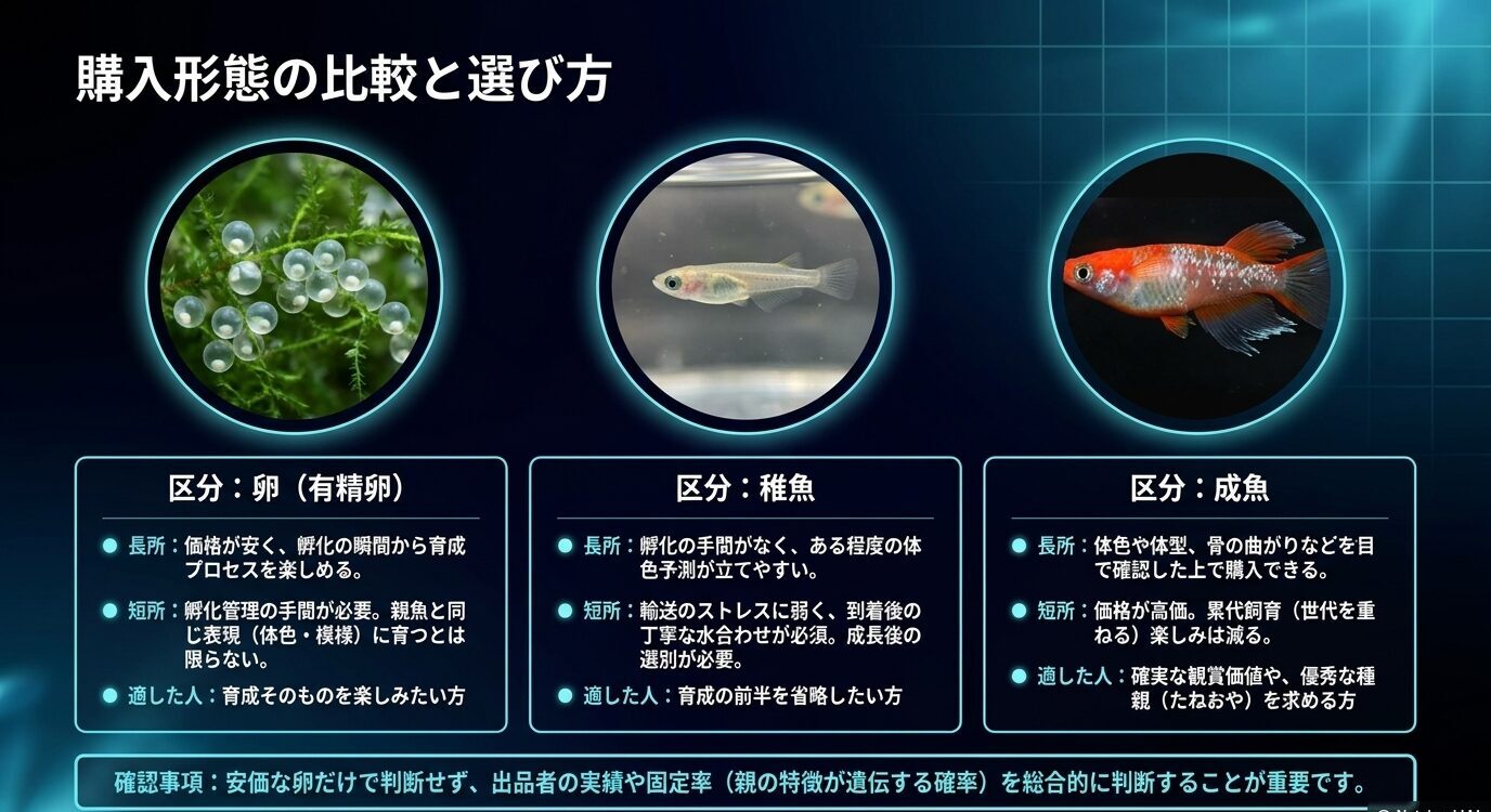牡丹メダカを卵・稚魚・成魚で購入する場合のメリット、デメリット、向いている人を比較した図