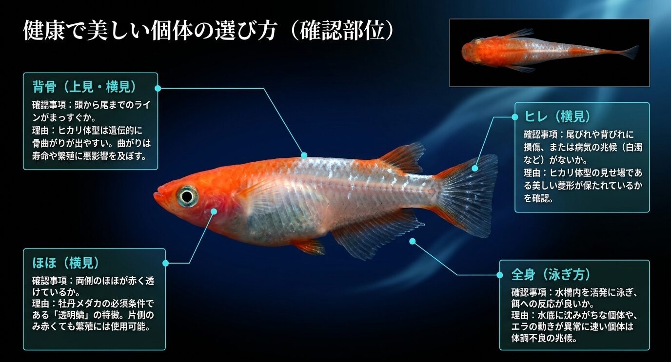 牡丹メダカを選ぶ際に確認したい背骨、赤いほほ、ヒレ、泳ぎ方のチェックポイント