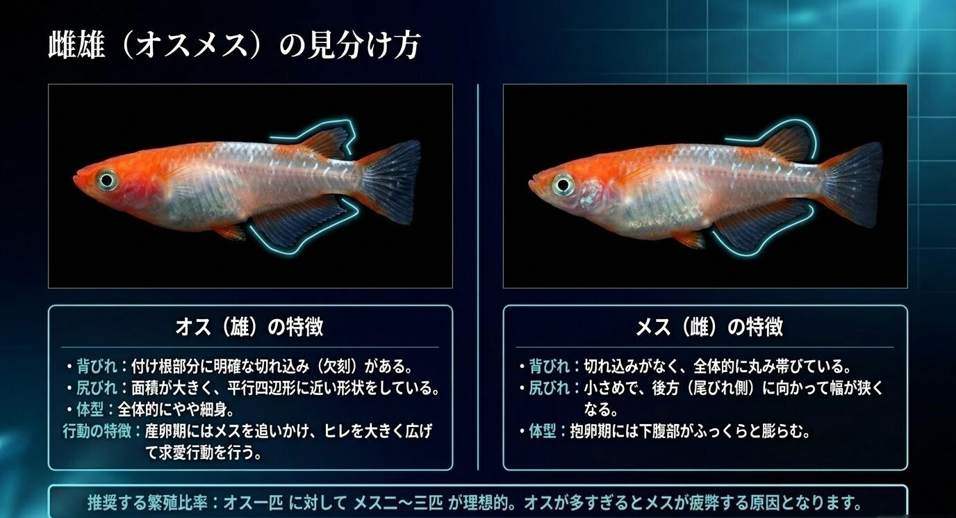 牡丹メダカのオスとメスの背ビレや尻ビレの形の違いを比較した図