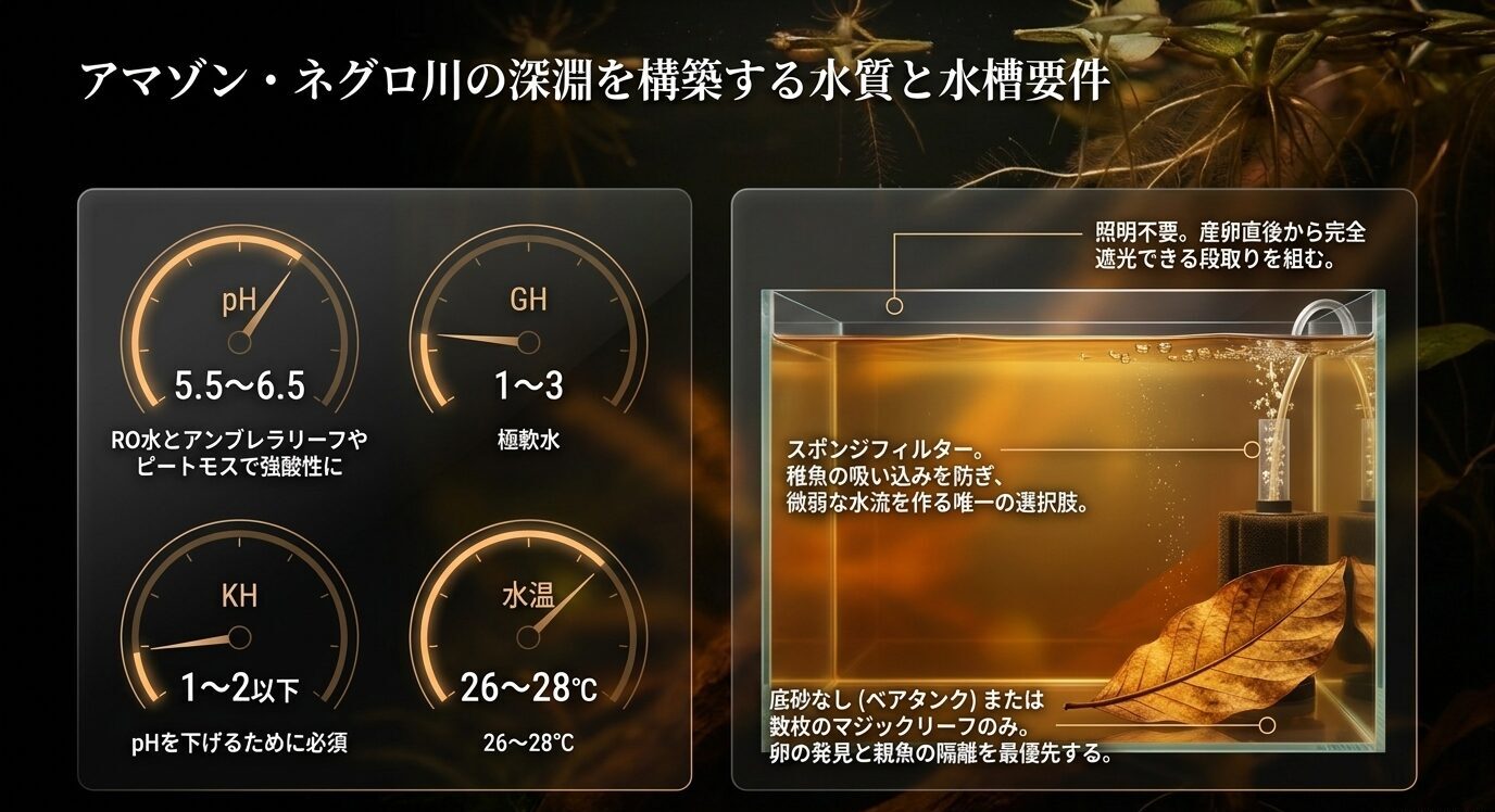 カージナルテトラ繁殖に適したpH、GH、KH、水温と繁殖水槽の基本構成を示した図
