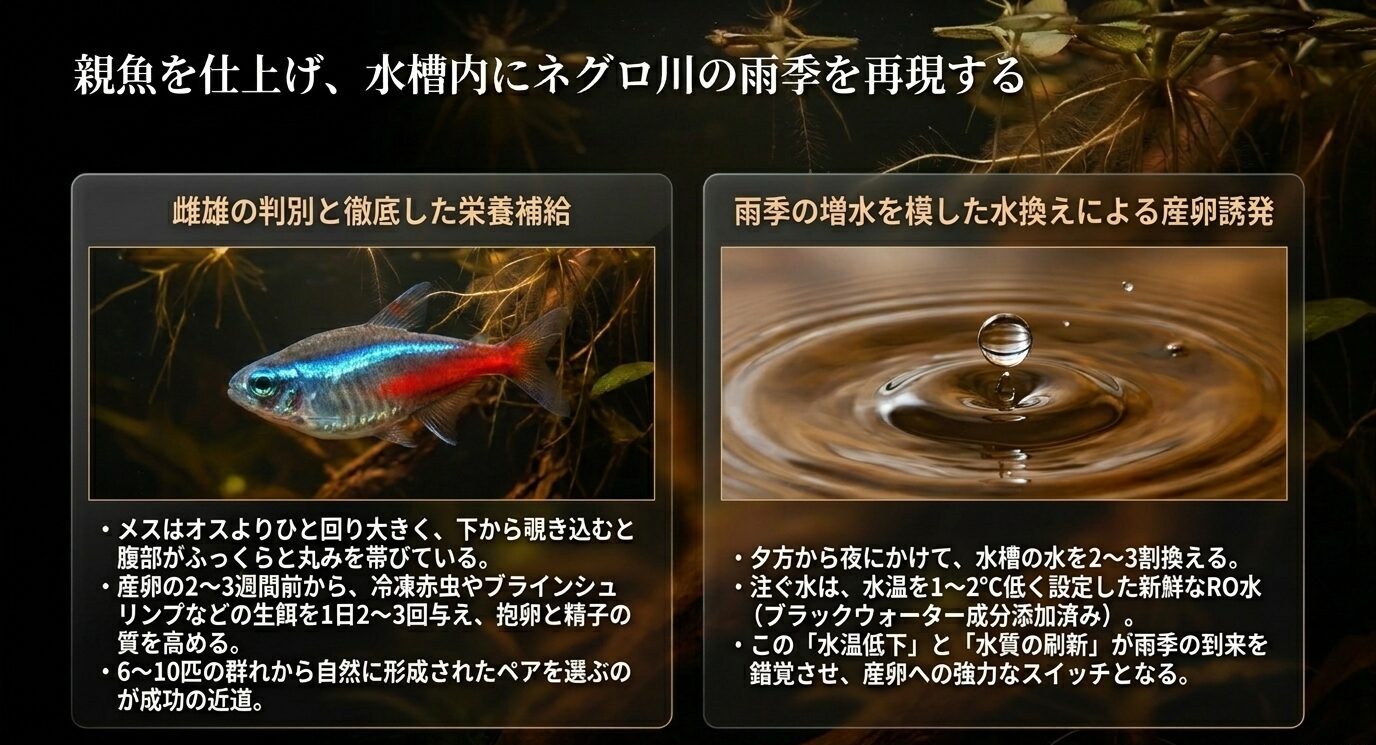 カージナルテトラの親魚を栄養補給で整え、雨季の増水を模した水換えで産卵を促す手順