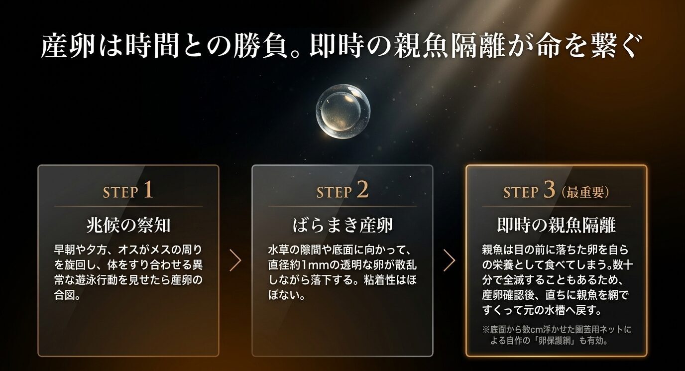 カージナルテトラの産卵兆候、ばらまき産卵、親魚隔離までの3ステップを示した図
