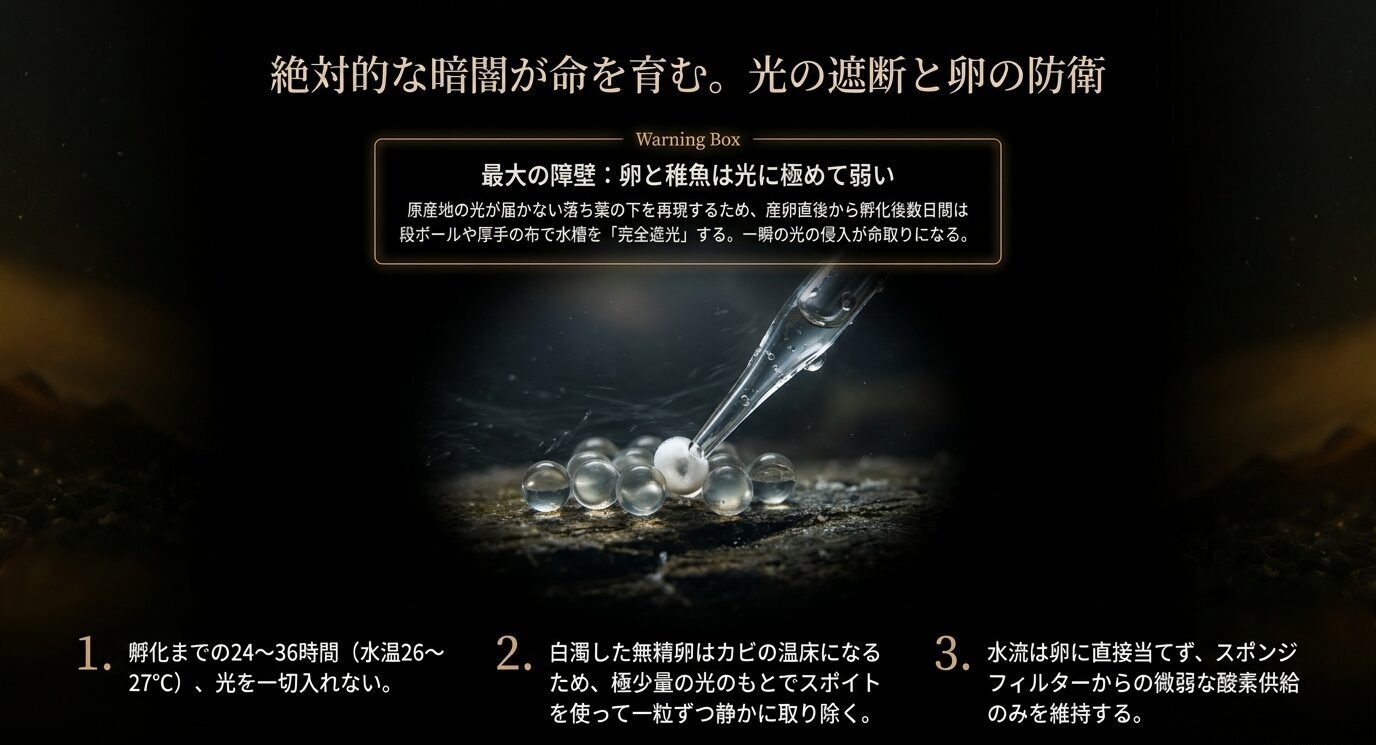 カージナルテトラの卵を遮光し、白濁卵を取り除きながら弱い水流で管理する手順