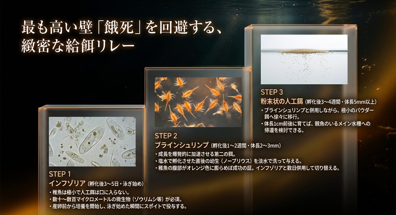カージナルテトラ稚魚の成長に合わせてインフゾリア、ブラインシュリンプ、粉状人工餌へ切り替える流れ