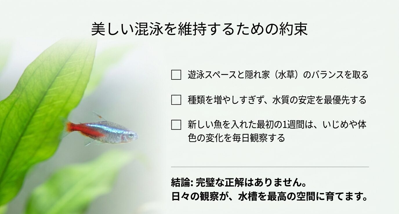 遊泳スペースと水草の隠れ家のバランス、魚種を増やしすぎないこと、新しい魚を入れた後の観察が大切であることを示したスライド