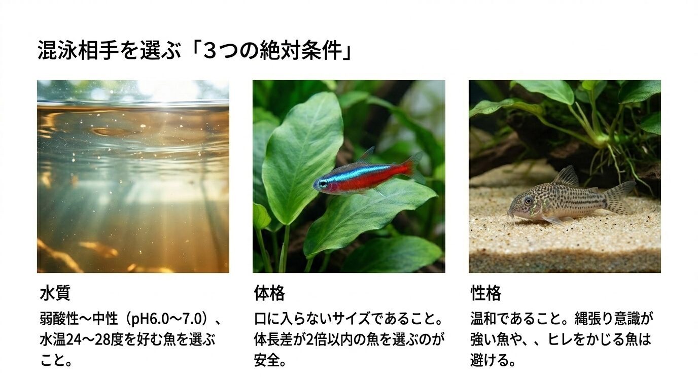 カージナルテトラの混泳相手を選ぶ条件として、水質・体格・性格の3点を示したスライド