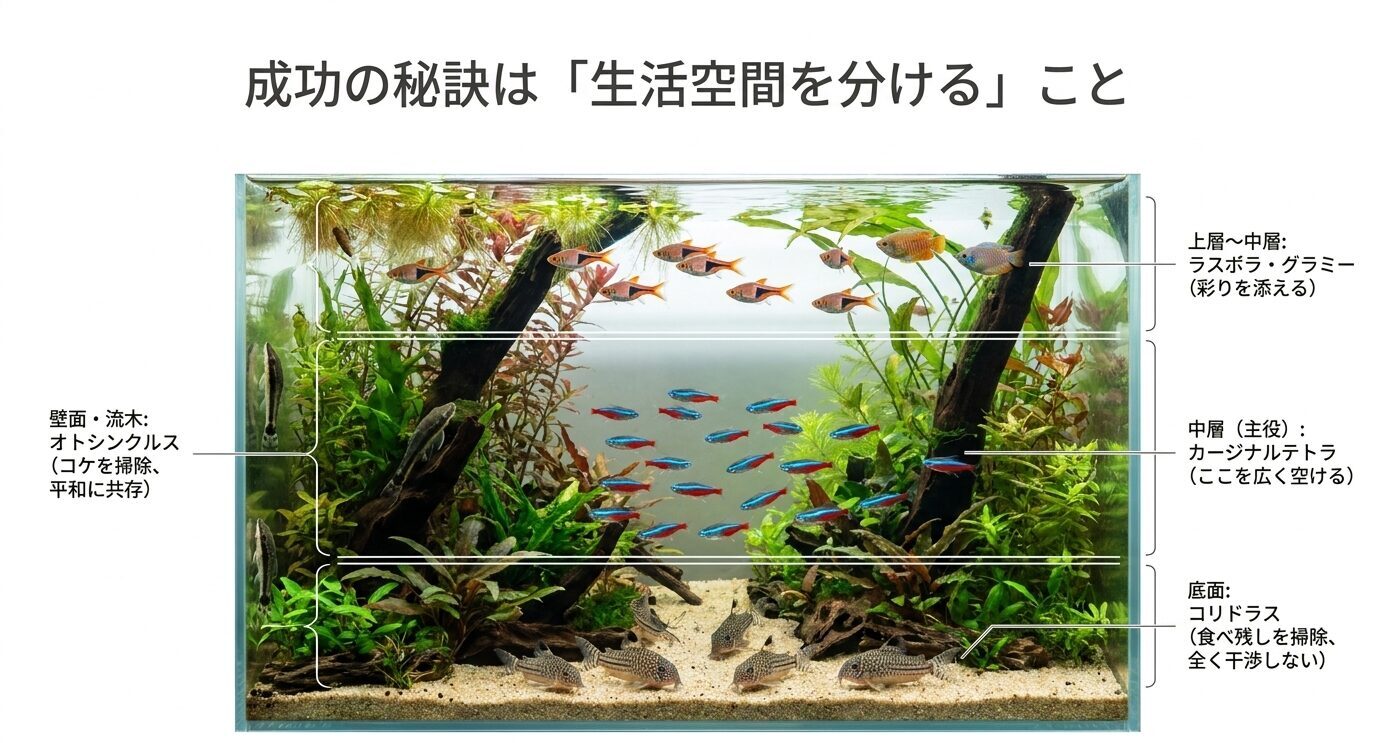 上層から中層にラスボラやグラミー、中層にカージナルテトラ、底面にコリドラス、壁面や流木にオトシンクルスを配置する混泳水槽の図