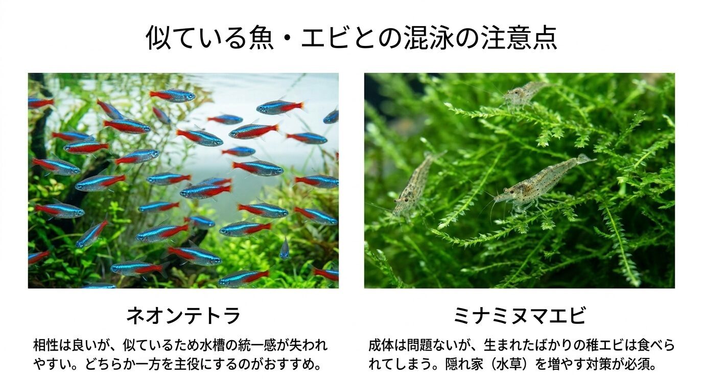 ネオンテトラは見た目が似て水槽の統一感が失われやすく、ミナミヌマエビは稚エビが食べられるため隠れ家が必要であることを示したスライド