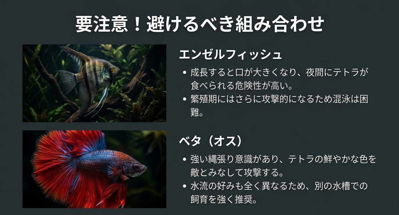 エンゼルフィッシュは成長後にテトラを食べる危険があり、ベタのオスは縄張り意識が強く攻撃するため混泳を避けるべきと示したスライド