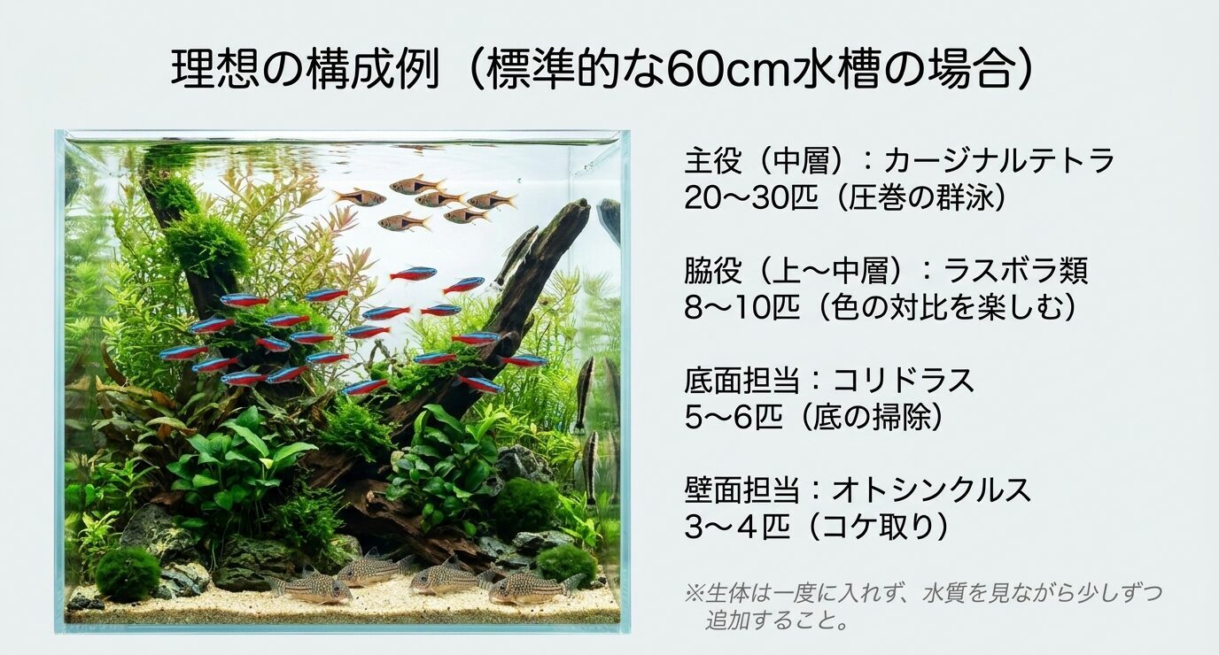 60cm水槽でカージナルテトラ20〜30匹、ラスボラ8〜10匹、コリドラス5〜6匹、オトシンクルス3〜4匹を組み合わせる構成例を示したスライド