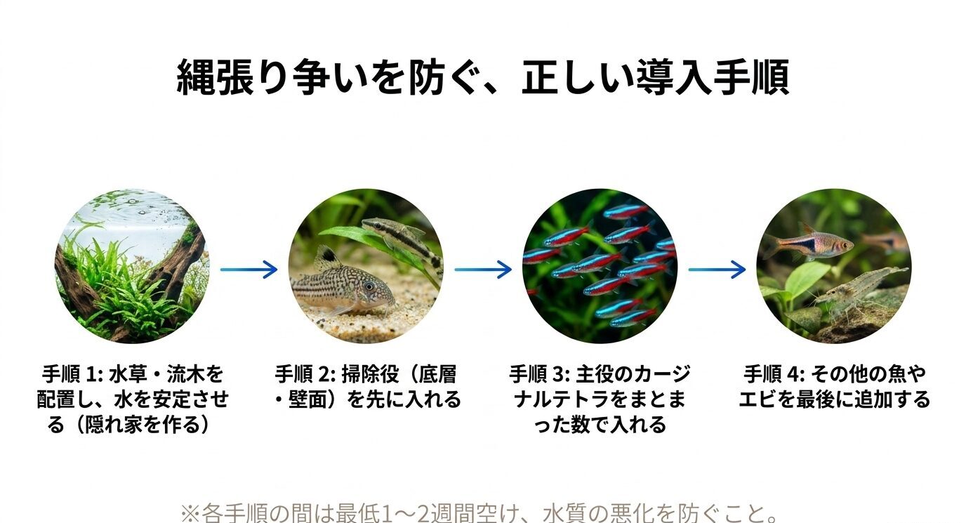 水草や流木で水槽を安定させ、掃除役を先に入れ、カージナルテトラをまとまった数で入れ、その他の魚やエビを最後に追加する手順を示したスライド