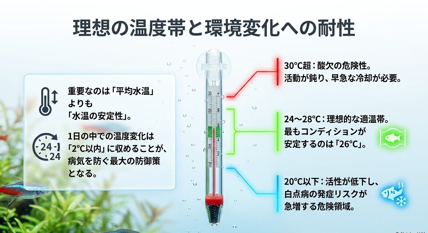 カージナルテトラの理想的な水温帯は24〜28℃で、26℃が安定しやすく、20℃以下や30℃超に注意が必要であることを示す図