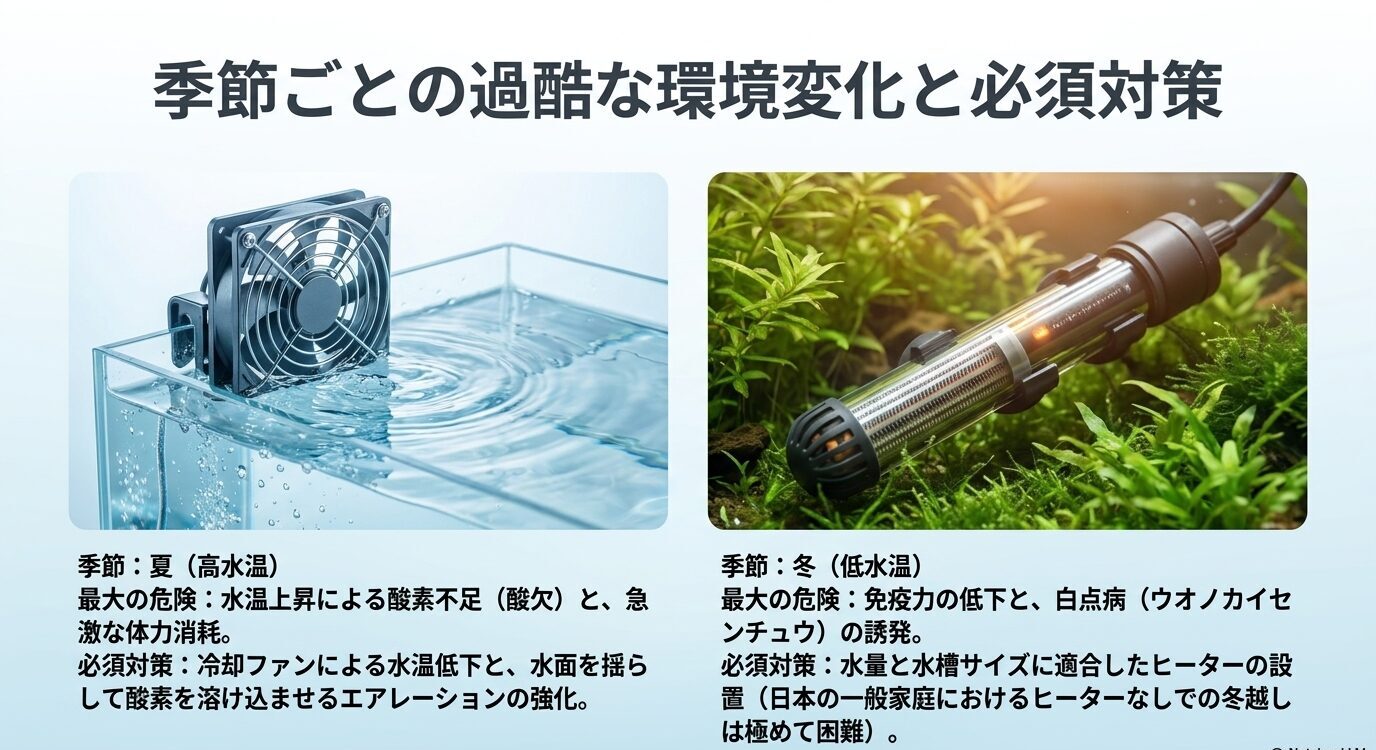 夏の高水温では冷却ファンとエアレーション、冬の低水温では水槽サイズに合ったヒーターが必要であることを示すスライド