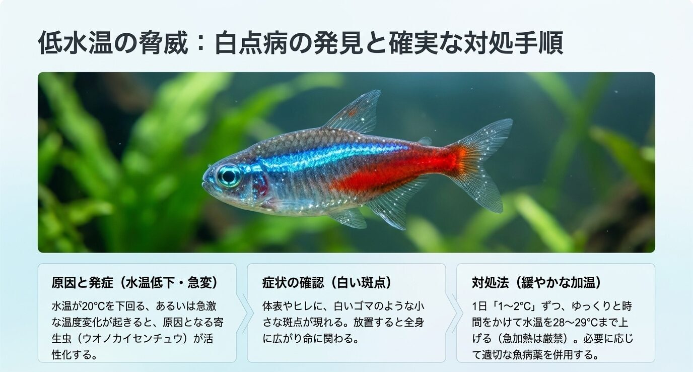 水温低下や急変によって白点病のリスクが高まり、白い斑点の確認後にゆっくり加温して対処する流れを示すスライド
