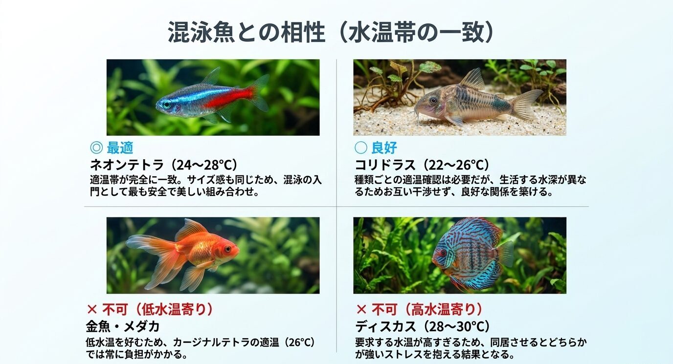 カージナルテトラとネオンテトラは水温帯が合いやすく、コリドラスは種類確認が必要で、金魚やディスカスは水温差に注意が必要であることを示す比較図