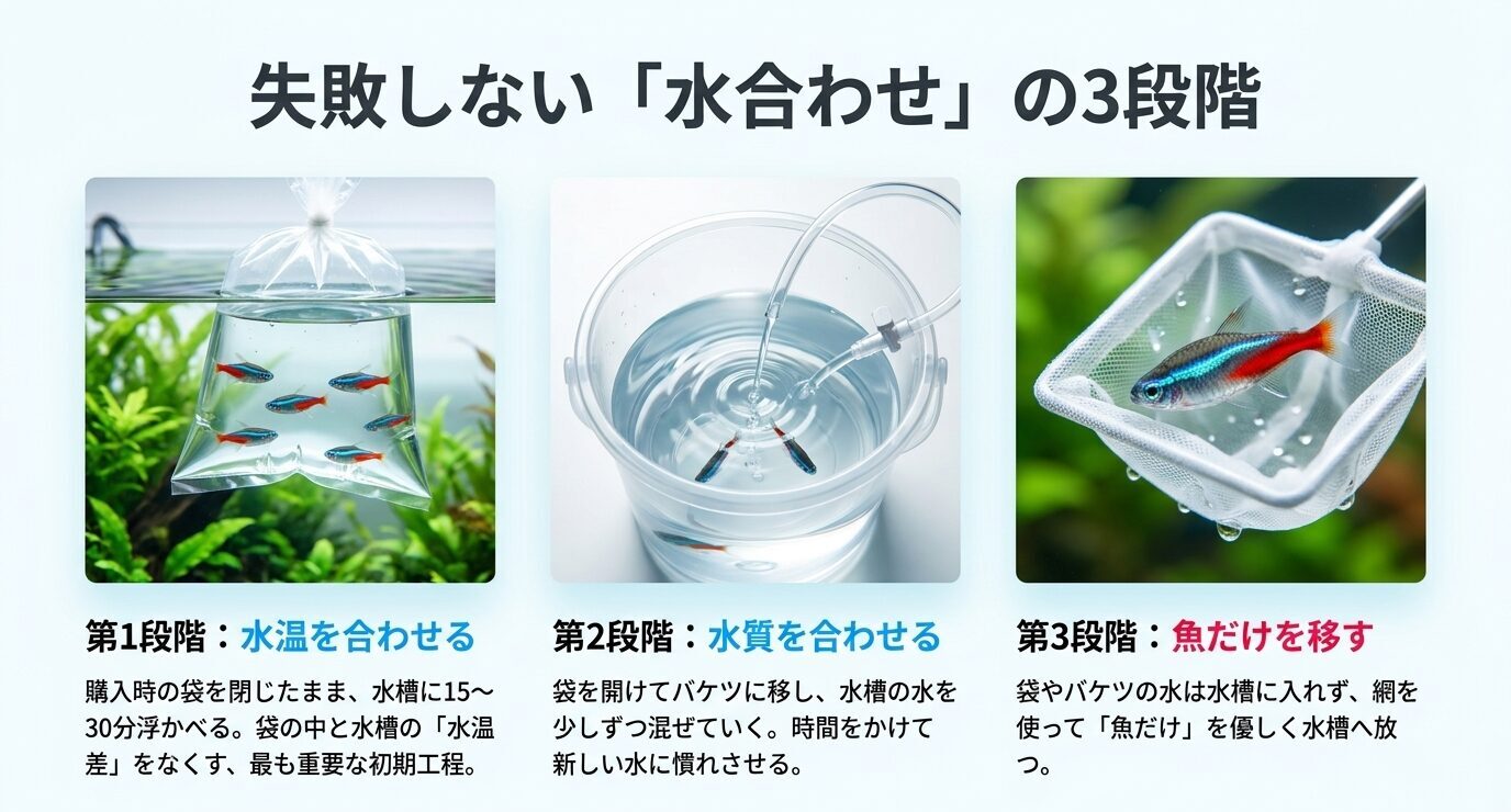 購入時の袋を水槽に浮かべて水温を合わせ、バケツで水質を合わせたあと、魚だけを網で水槽に移す水合わせ手順を示すスライド