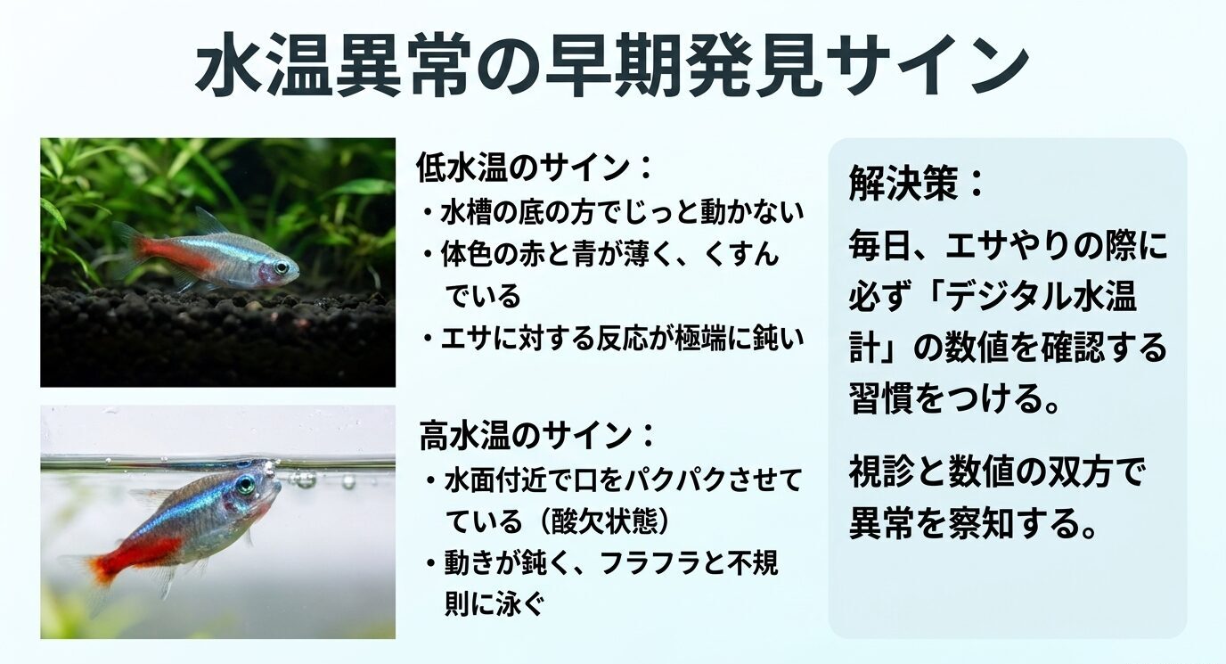 低水温では底で動かない、体色がくすむ、餌への反応が鈍いなどのサインがあり、高水温では水面付近で口を動かす酸欠症状や不規則な泳ぎが見られることを示すスライド