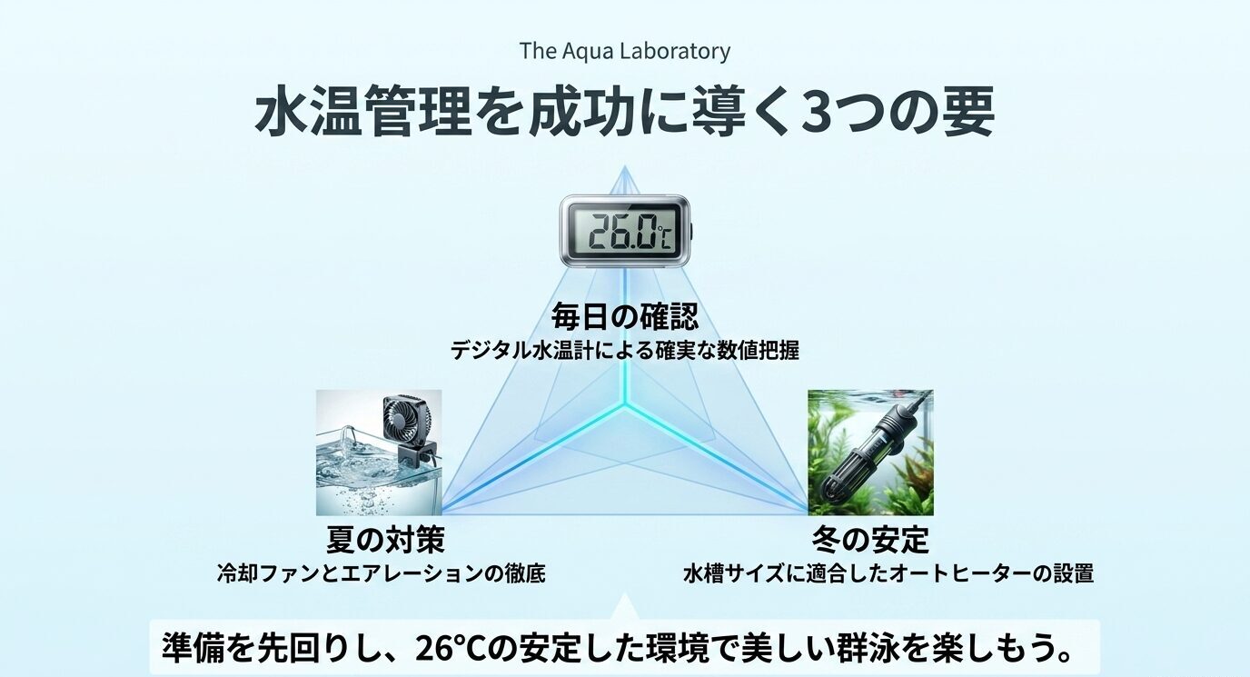 カージナルテトラの水温管理で大切な、毎日の水温確認、夏の冷却とエアレーション、冬のヒーター設置をまとめたスライド