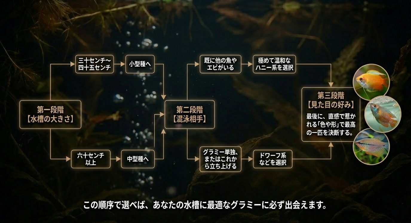 水槽サイズ、混泳相手、見た目の好みの順にグラミーを選ぶ流れを示したフローチャート