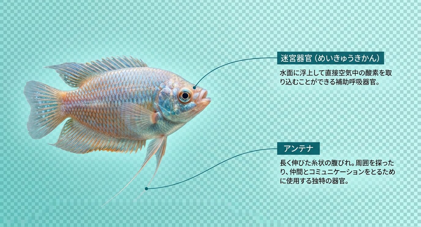 グラミーの頭部付近にある迷宮器官と、腹ビレが伸びたアンテナの役割を示す図解