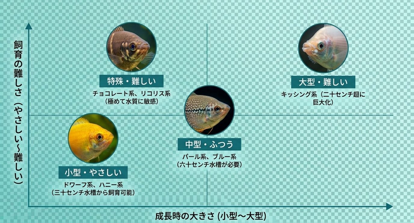 グラミーを小型、中型、特殊、大型に分け、成長サイズと飼育難易度の関係を示した分類図