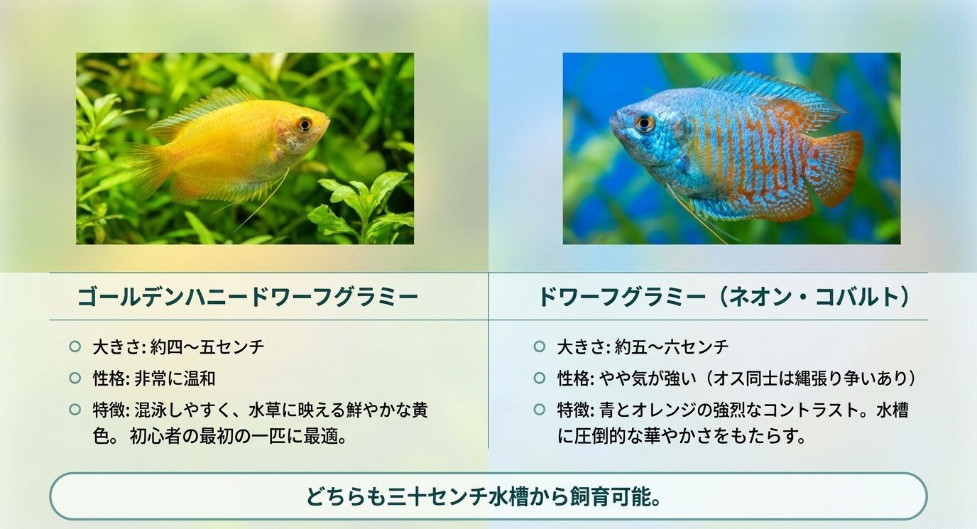 ゴールデンハニードワーフグラミーとドワーフグラミーの大きさ、性格、特徴を比較したスライド