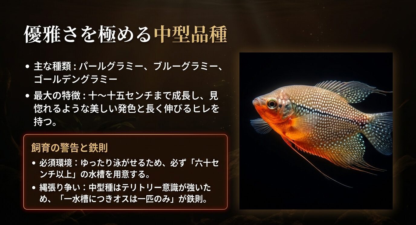 パールグラミー、ブルーグラミー、ゴールデングラミーなど中型品種の特徴と、60cm以上の水槽やオス1匹飼育の注意点を示すスライド