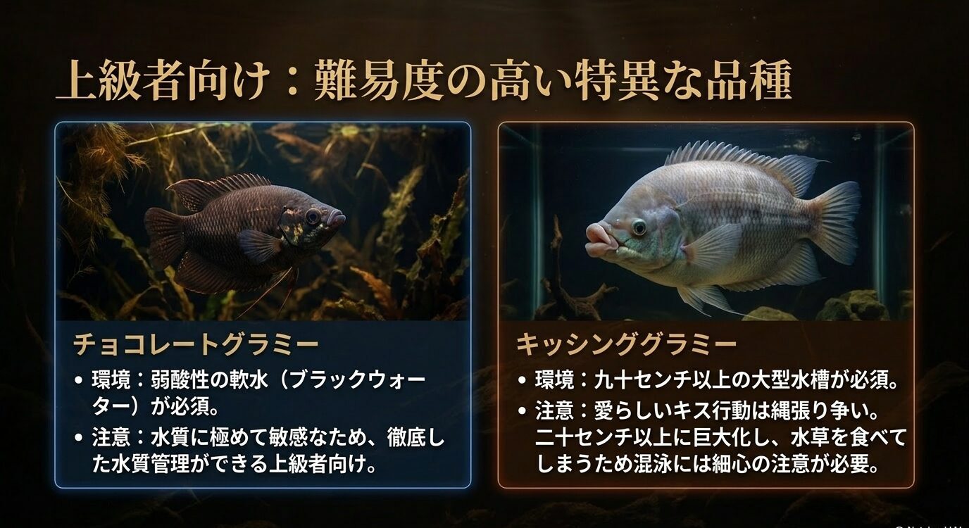 チョコレートグラミーとキッシンググラミーの水質管理や大型水槽の必要性など、上級者向け品種の注意点をまとめたスライド