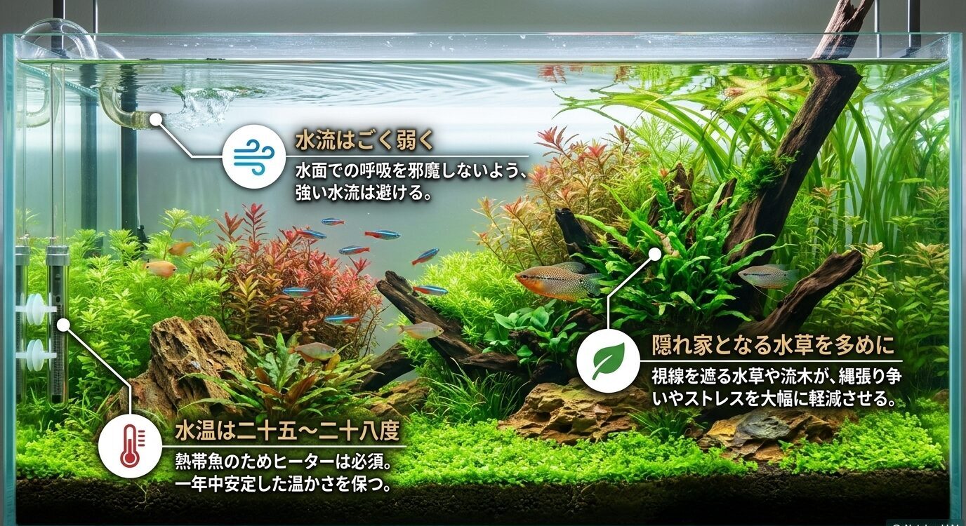 グラミー飼育に必要な水温25〜28度、弱い水流、隠れ家となる水草を示した水槽レイアウト図