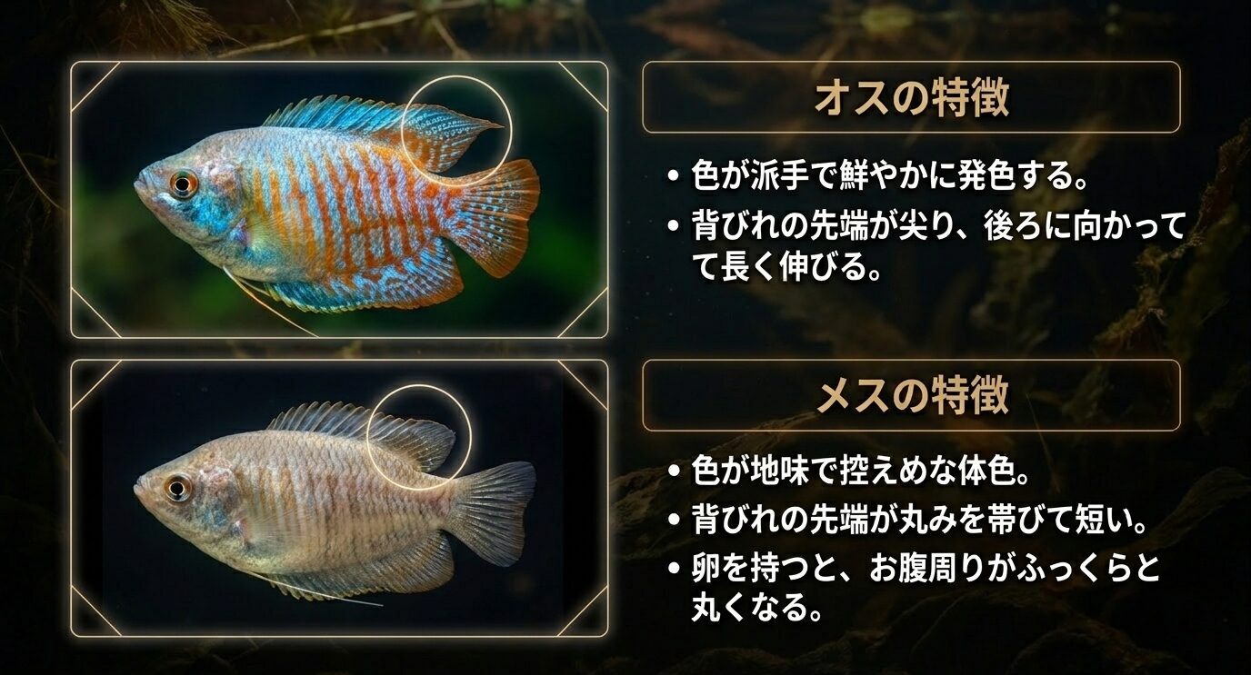 グラミーのオスとメスを比較し、体色、背ビレの形、お腹の丸みなどの違いを示したスライド