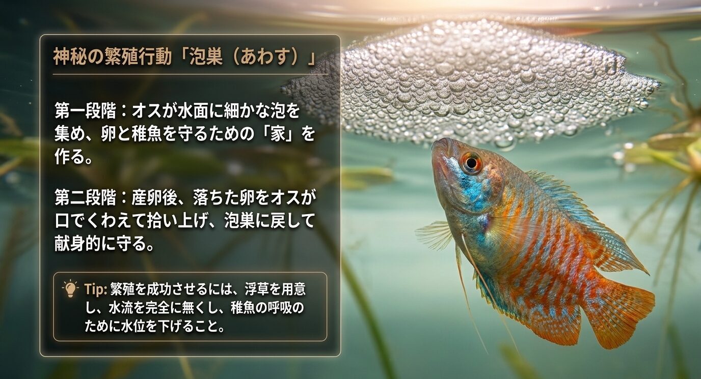 グラミーのオスが水面に泡巣を作り、産卵後の卵を拾い上げて守る繁殖行動を示したスライド