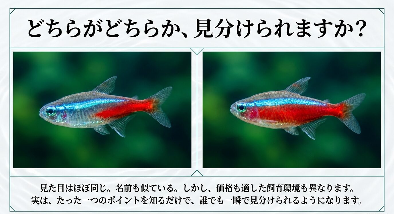 ネオンテトラとカージナルテトラの写真を並べ、見た目が似ていることを示す比較スライド