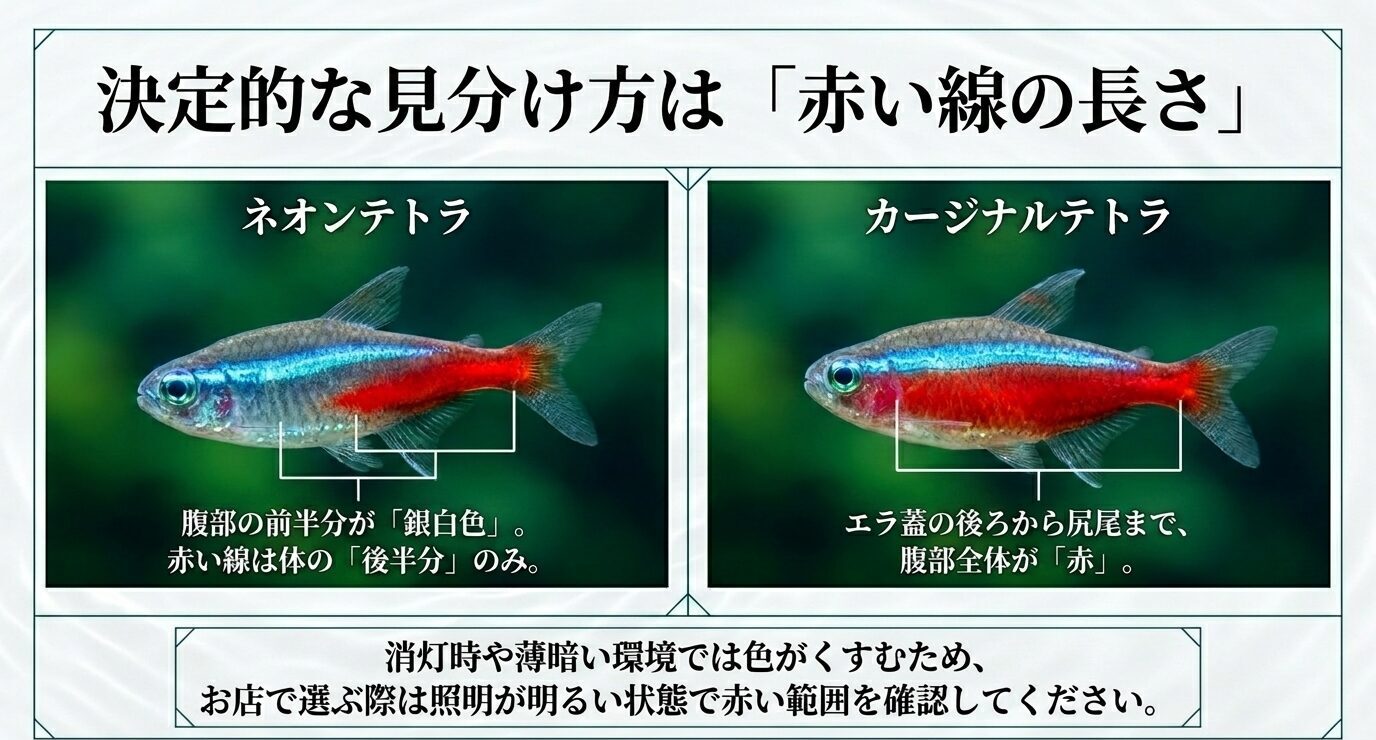 ネオンテトラは赤い線が体の後半のみ、カージナルテトラは腹部全体に赤い線が入ることを比較したスライド