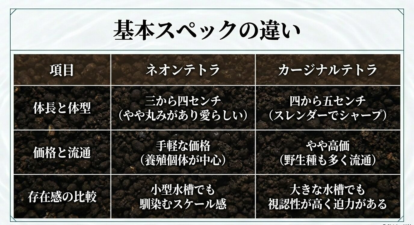 ネオンテトラとカージナルテトラの体長、価格と流通、存在感の違いを表で比較したスライド